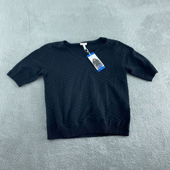 Ella Moss Womens Black Textured Knit Short Sleeve V-Neck Sweater Top L NWT 1834 - Picture 1 of 9